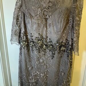 La Femme Charcoal Lace Dress with Beaded Accents